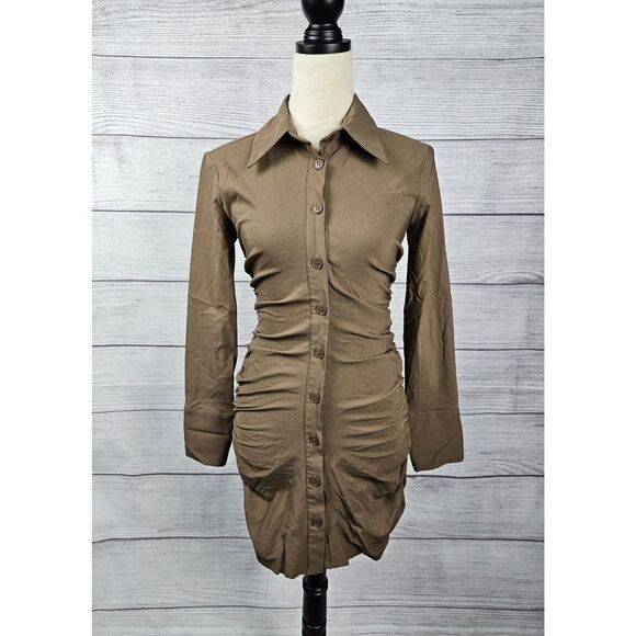 Zara Button Up Bodycon Shirt Dress with Ruching Tan Size Medium - Picture 6 of 11